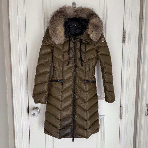 Moncler Fulmarus Shiny Green Down Puffer Coat Real Fur Hood Size 1 - Picture 5 of 14